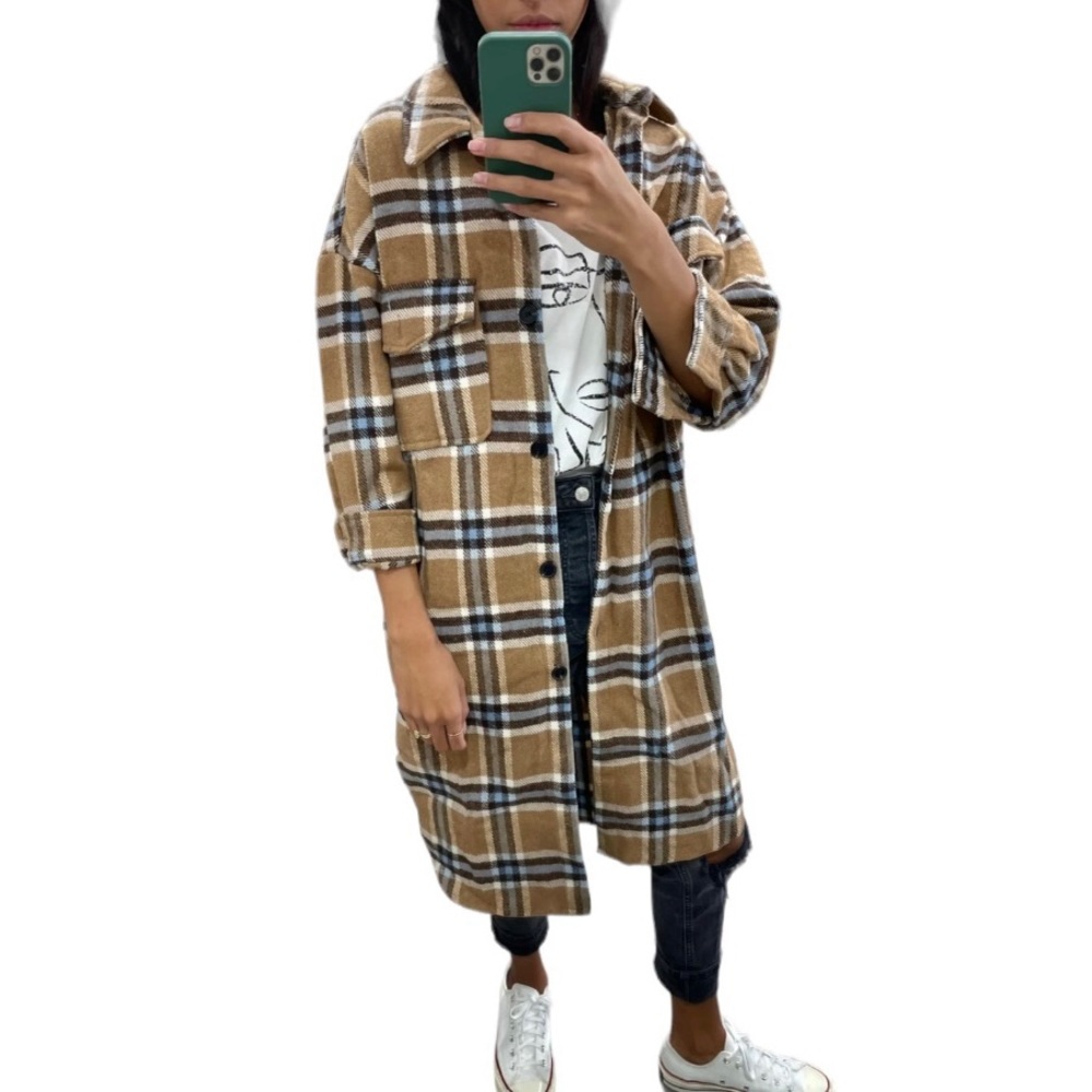 WOOL PLAID LONG SHACKET - TAUPE LIGHT BLUE